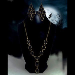 Vintage Chandelier Blk Faceted Faux Onyx Gold-Tone Earrings & Geometric Necklace